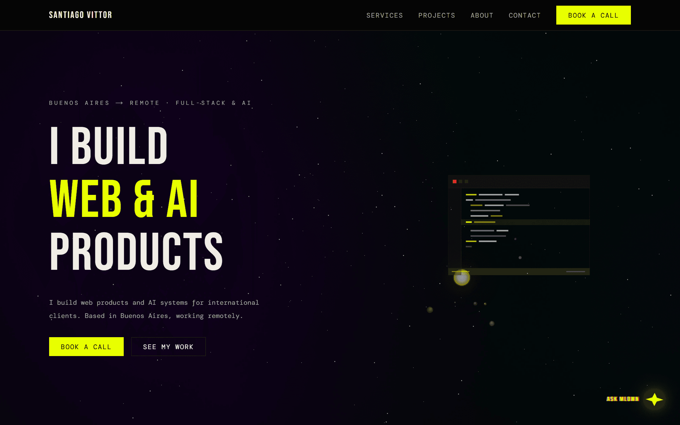 santiagovittor.com landing: 'I build web & AI products' over a starfield