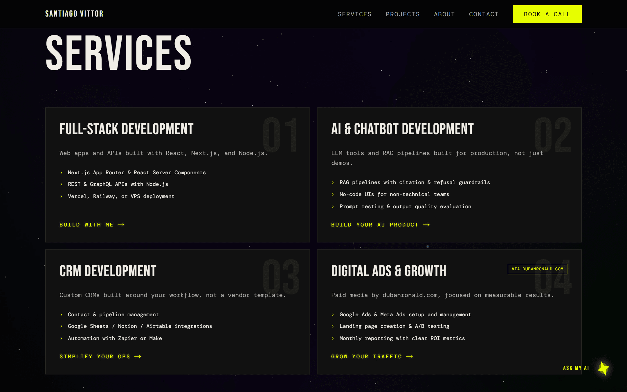 Services grid of santiagovittor.com, including the AI and chatbot development card